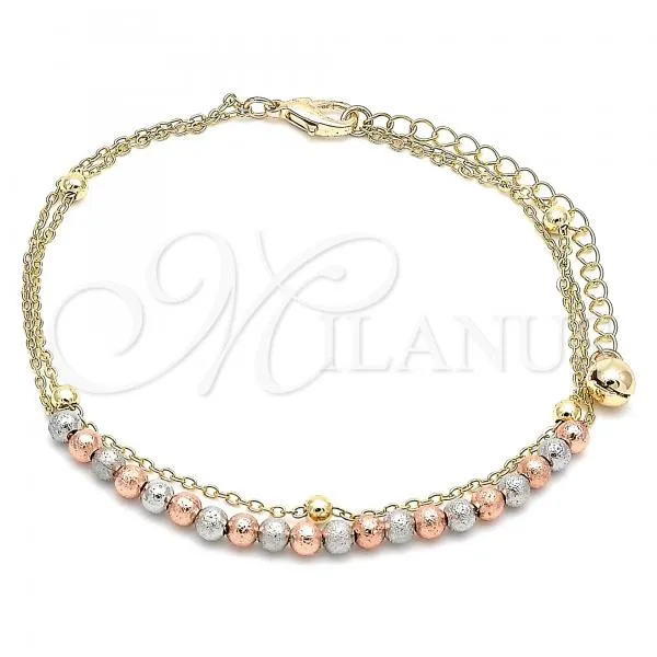 Oro Laminado Charm Anklet , Gold Filled Style Ball Design, Matte Finish, Tricolor, 03.331.0067.10