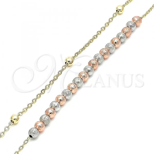 Oro Laminado Charm Anklet , Gold Filled Style Ball Design, Matte Finish, Tricolor, 03.331.0067.10