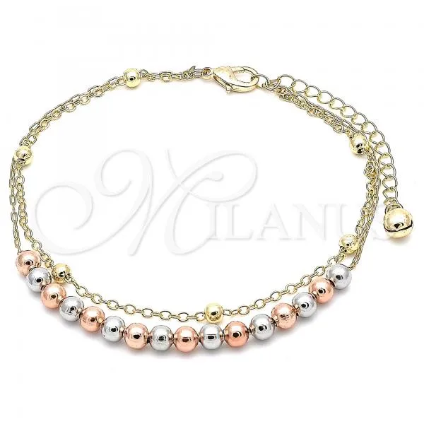 Oro Laminado Charm Anklet , Gold Filled Style Ball Design, Polished, Tricolor, 03.331.0070.10