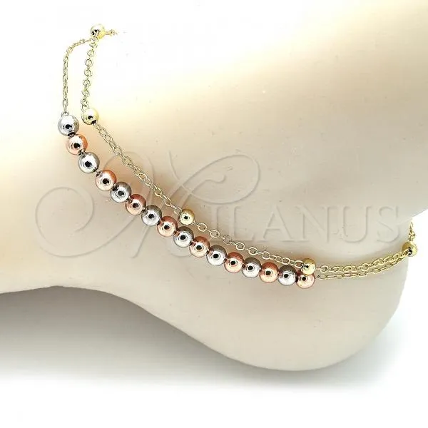 Oro Laminado Charm Anklet , Gold Filled Style Ball Design, Polished, Tricolor, 03.331.0070.10