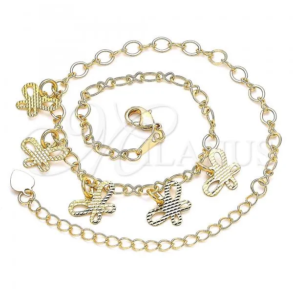 Oro Laminado Charm Anklet , Gold Filled Style Butterfly Design, Diamond Cutting Finish, Golden Finish, 03.63.2195.10