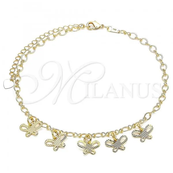 Oro Laminado Charm Anklet , Gold Filled Style Butterfly Design, Diamond Cutting Finish, Golden Finish, 03.63.2195.10