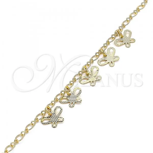 Oro Laminado Charm Anklet , Gold Filled Style Butterfly Design, Diamond Cutting Finish, Golden Finish, 03.63.2195.10