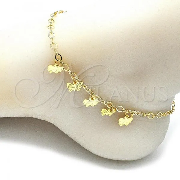 Oro Laminado Charm Anklet , Gold Filled Style Butterfly Design, Polished, Golden Finish, 03.63.2210.10