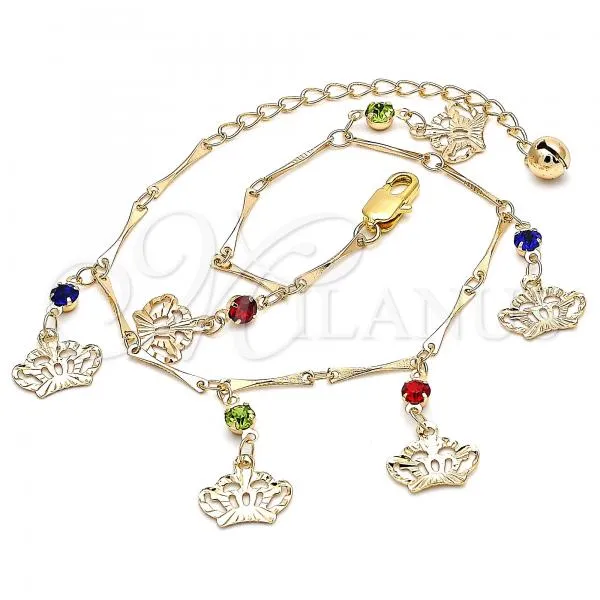 Oro Laminado Charm Anklet , Gold Filled Style Crown and Rattle Charm Design, with Multicolor Crystal, Polished, Golden Finish, 03.213.0115.1.10