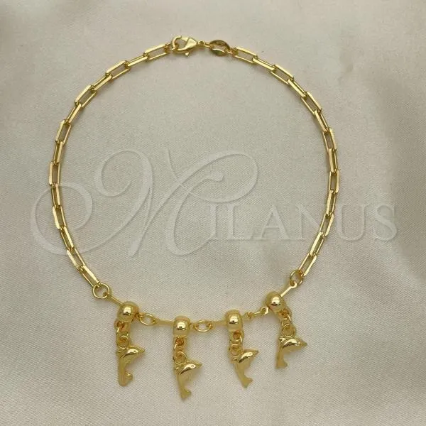 Oro Laminado Charm Anklet , Gold Filled Style Dolphin and Ball Design, Polished, Golden Finish, 03.32.0612.10