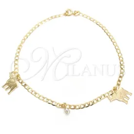 Oro Laminado Charm Anklet , Gold Filled Style Elephant and Curb Design, with White Cubic Zirconia, Polished, Golden Finish, 03.58.0016.10