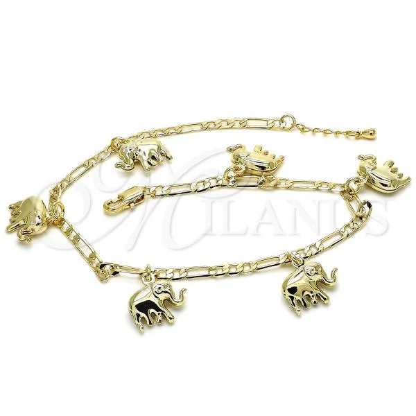 Oro Laminado Charm Anklet , Gold Filled Style Elephant Design, Polished, Golden Finish, 03.63.2023.10