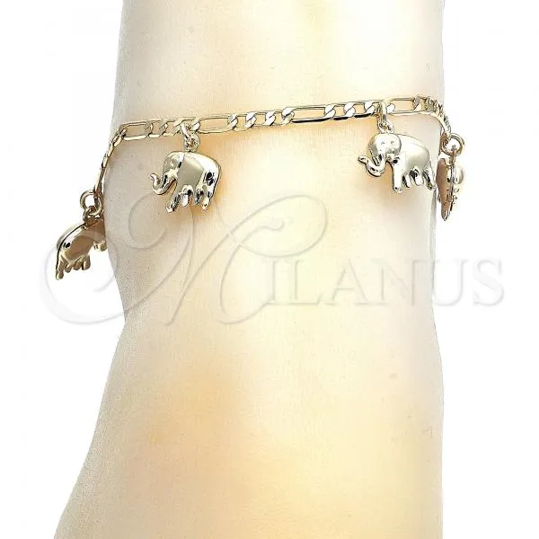 Oro Laminado Charm Anklet , Gold Filled Style Elephant Design, Polished, Golden Finish, 03.63.2023.10