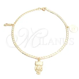 Oro Laminado Charm Anklet , Gold Filled Style Evil Eye and Figa Hand Design, Polished, Golden Finish, 03.58.0042.10