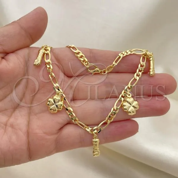 Oro Laminado Charm Anklet , Gold Filled Style Figa Hand and Four-leaf Clover Design, Polished, Golden Finish, 03.32.0608.10