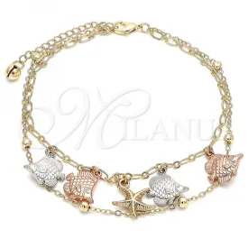 Oro Laminado Charm Anklet , Gold Filled Style Fish Design, Polished, Tricolor, 03.331.0111.10