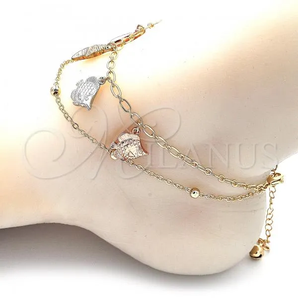 Oro Laminado Charm Anklet , Gold Filled Style Fish Design, Polished, Tricolor, 03.331.0111.10