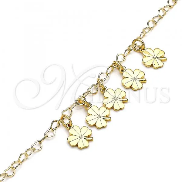 Oro Laminado Charm Anklet , Gold Filled Style Four-leaf Clover Design, Polished, Golden Finish, 03.63.2199.10