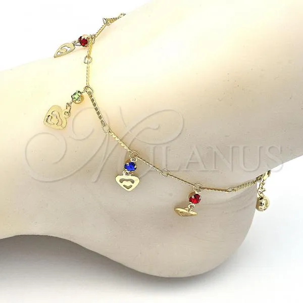 Oro Laminado Charm Anklet , Gold Filled Style Heart and Rattle Charm Design, with Multicolor Crystal, Polished, Golden Finish, 03.213.0074.10