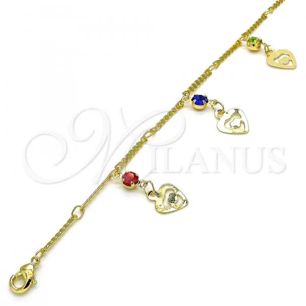 Oro Laminado Charm Anklet , Gold Filled Style Heart and Rattle Charm Design, with Multicolor Crystal, Polished, Golden Finish, 03.213.0074.10