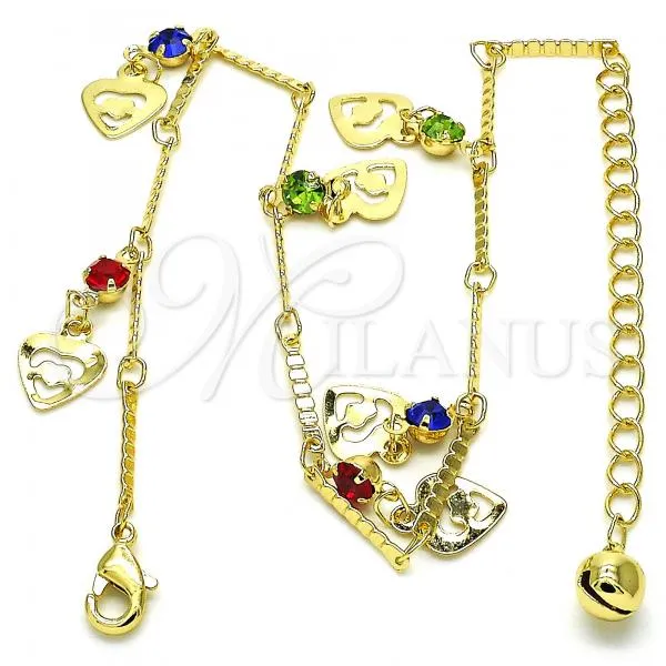 Oro Laminado Charm Anklet , Gold Filled Style Heart and Rattle Charm Design, with Multicolor Crystal, Polished, Golden Finish, 03.213.0074.10