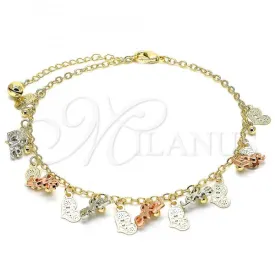 Oro Laminado Charm Anklet , Gold Filled Style Love and Heart Design, Polished, Tricolor, 03.331.0040.09