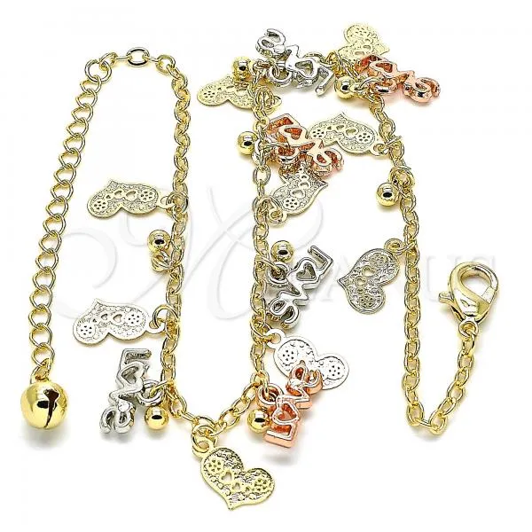 Oro Laminado Charm Anklet , Gold Filled Style Love and Heart Design, Polished, Tricolor, 03.331.0040.09