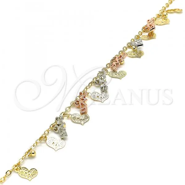 Oro Laminado Charm Anklet , Gold Filled Style Love and Heart Design, Polished, Tricolor, 03.331.0040.09