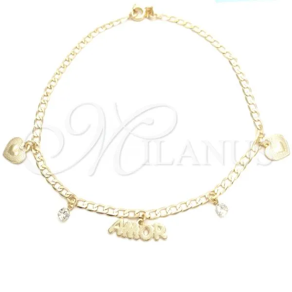 Oro Laminado Charm Anklet , Gold Filled Style Love and Heart Design, with White Cubic Zirconia, Polished, Golden Finish, 03.58.0029.10