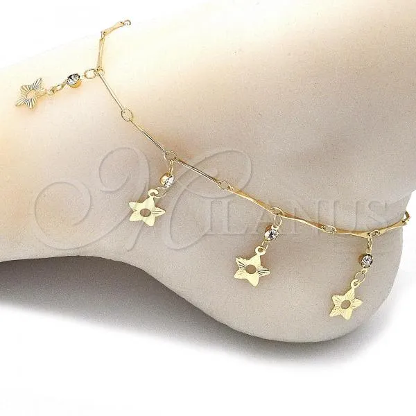 Oro Laminado Charm Anklet , Gold Filled Style Star and Rattle Charm Design, with White Crystal, Polished, Golden Finish, 03.213.0105.10