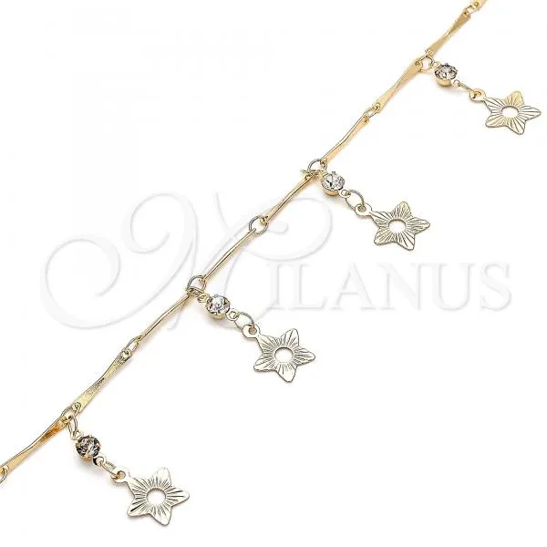 Oro Laminado Charm Anklet , Gold Filled Style Star and Rattle Charm Design, with White Crystal, Polished, Golden Finish, 03.213.0105.10