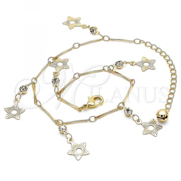 Oro Laminado Charm Anklet , Gold Filled Style Star and Rattle Charm Design, with White Crystal, Polished, Golden Finish, 03.213.0105.10