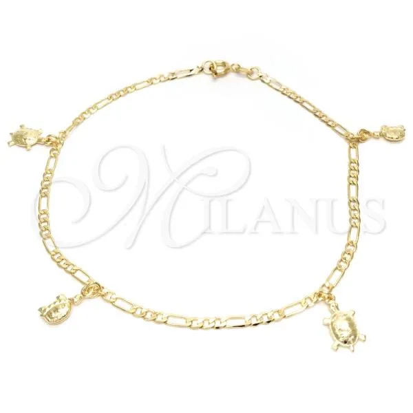 Oro Laminado Charm Anklet , Gold Filled Style Turtle and Figaro Design, Polished, Golden Finish, 03.58.0013.10