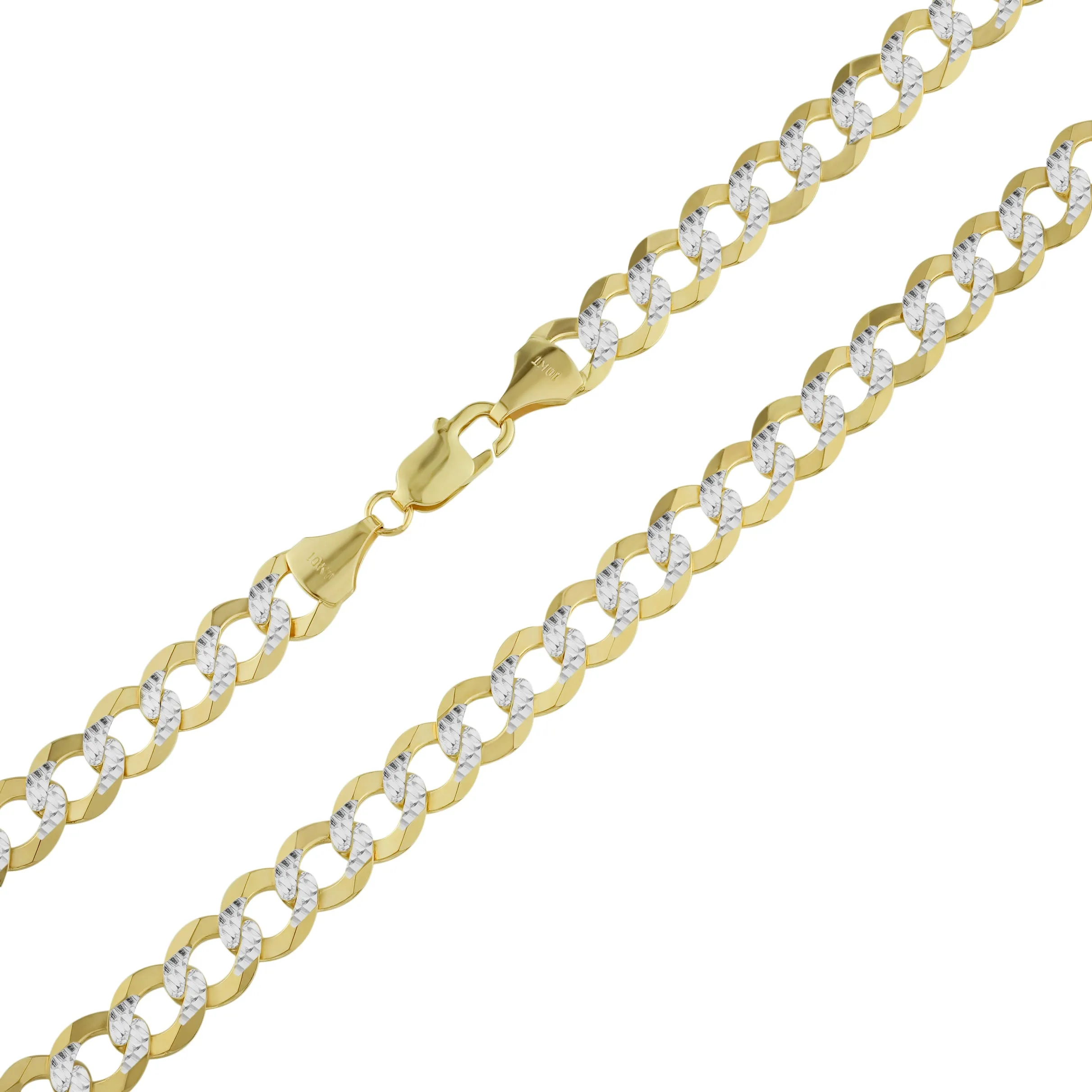 Pave Miami Curb Link Chain Necklace 10K Yellow White Gold - Solid