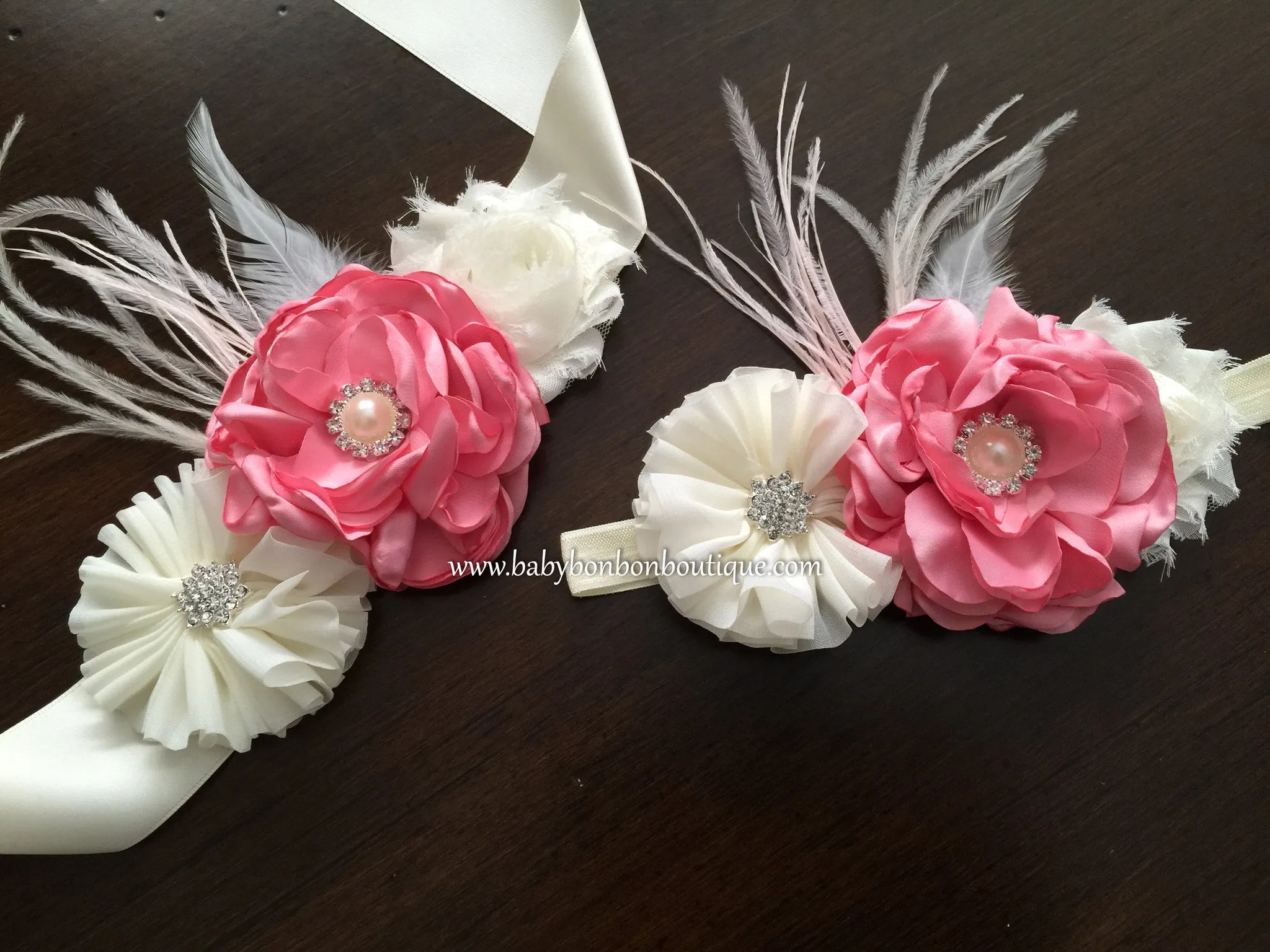 Pink & Ivory Baptism Headband, Sash, and Sandals