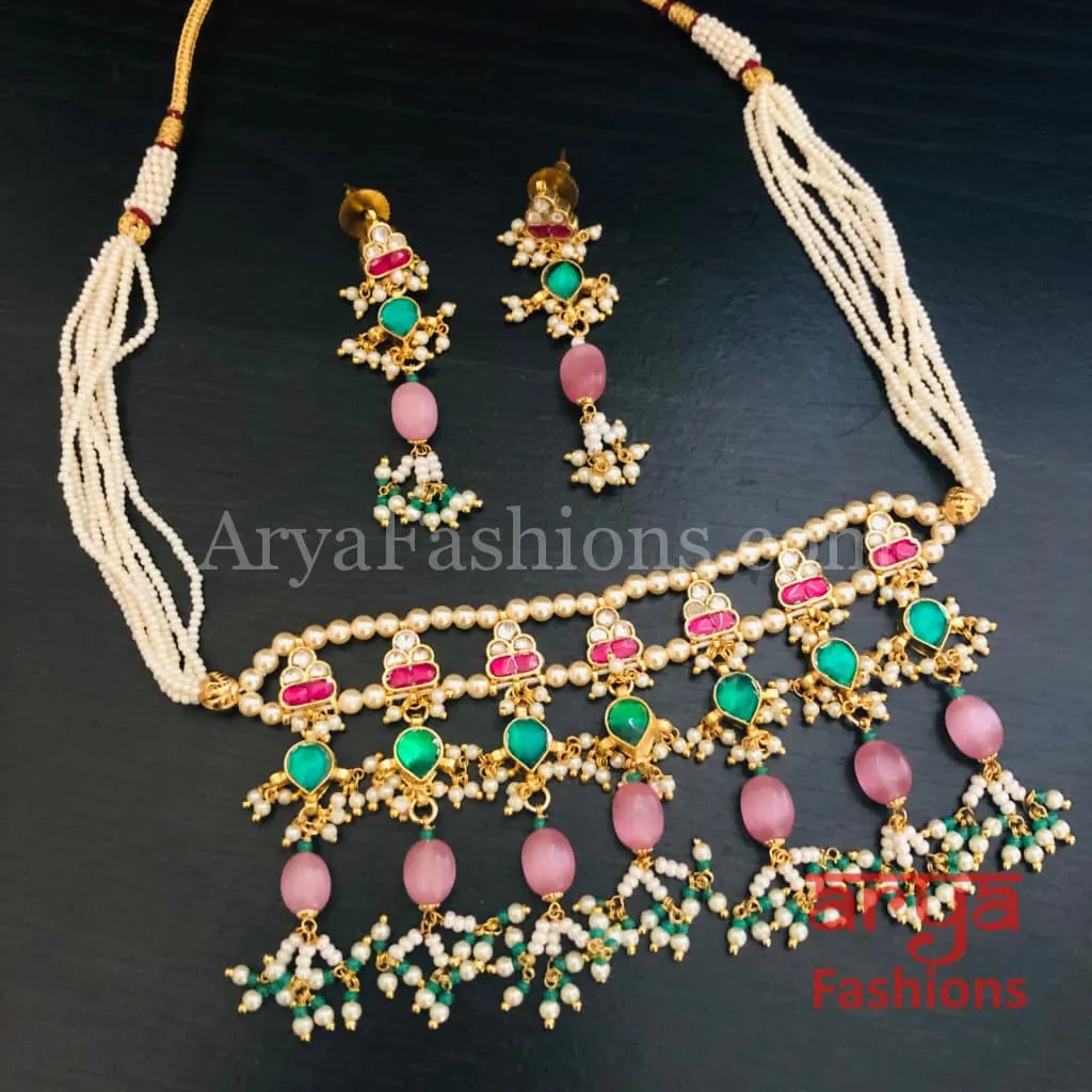 Pink Rajwadi Pacchi Kundan Choker/ Multicolor Kundan Jadau Choker