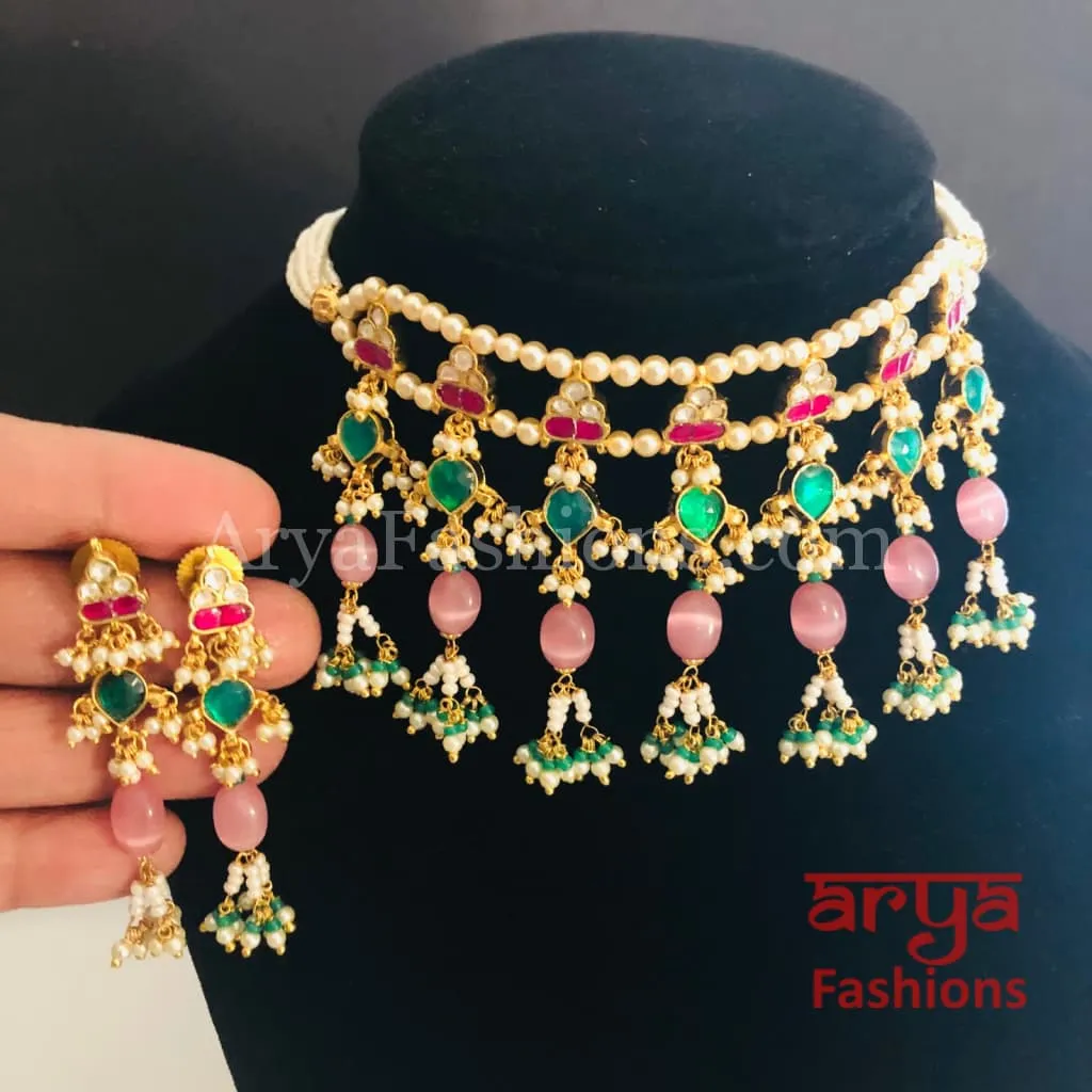 Pink Rajwadi Pacchi Kundan Choker/ Multicolor Kundan Jadau Choker