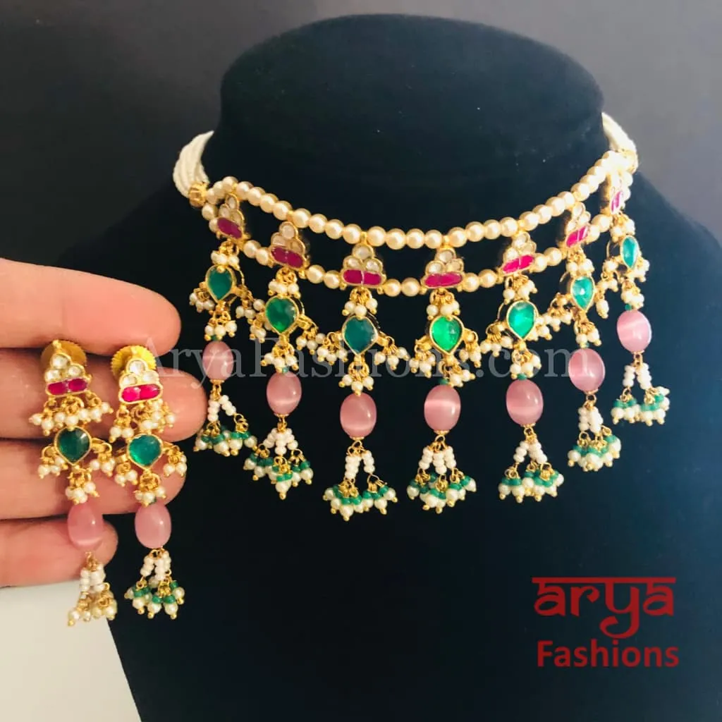 Pink Rajwadi Pacchi Kundan Choker/ Multicolor Kundan Jadau Choker