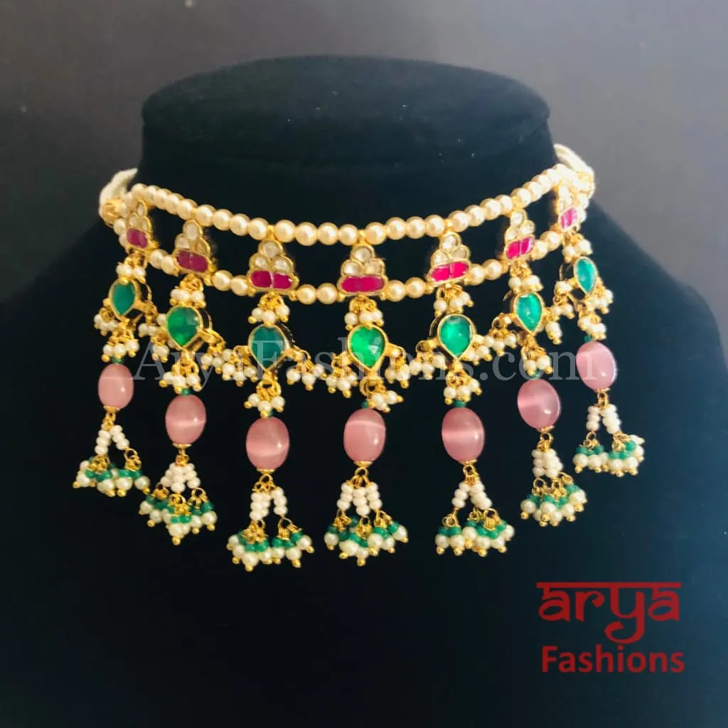 Pink Rajwadi Pacchi Kundan Choker/ Multicolor Kundan Jadau Choker