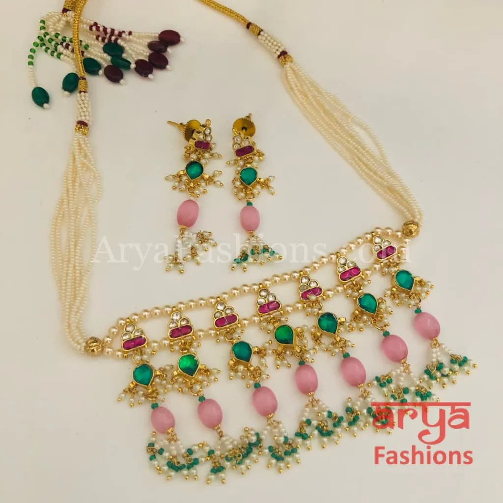 Pink Rajwadi Pacchi Kundan Choker/ Multicolor Kundan Jadau Choker