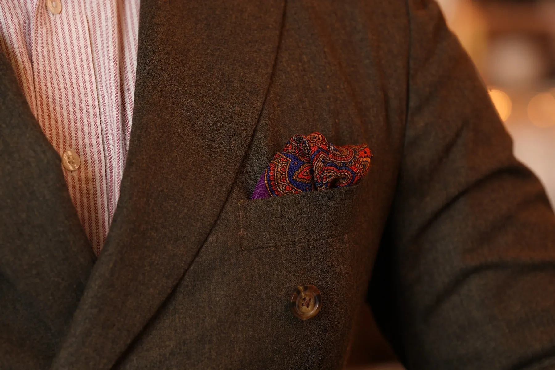 Purple & Orange Medallion Silk Wool Pocket Square