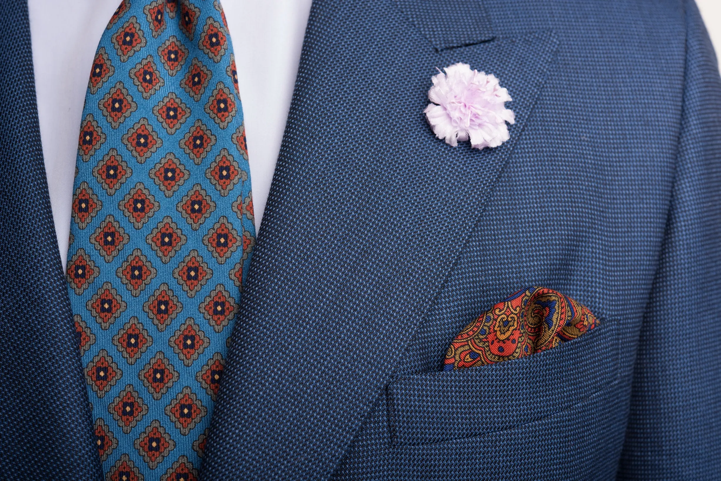 Purple & Orange Medallion Silk Wool Pocket Square