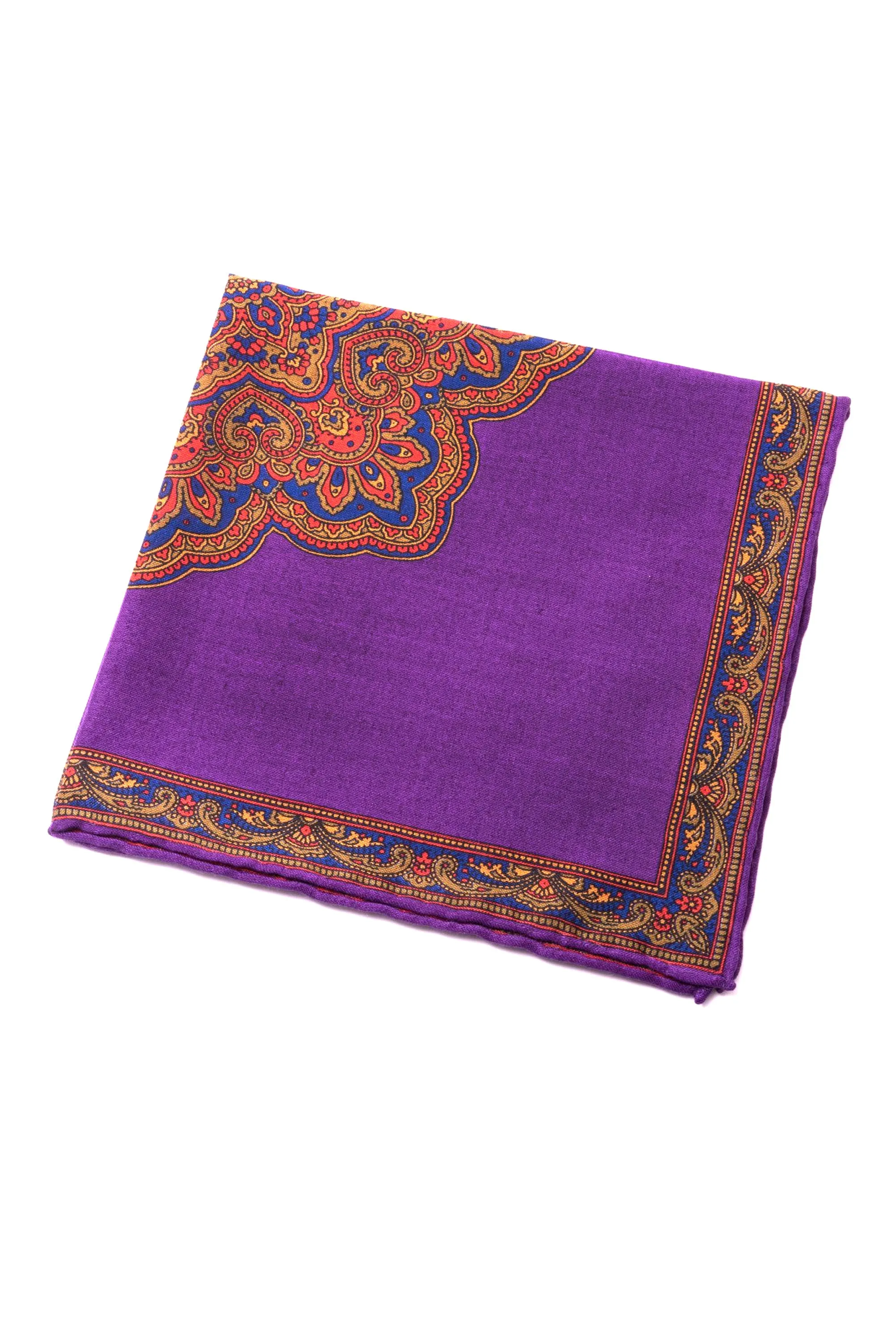 Purple & Orange Medallion Silk Wool Pocket Square