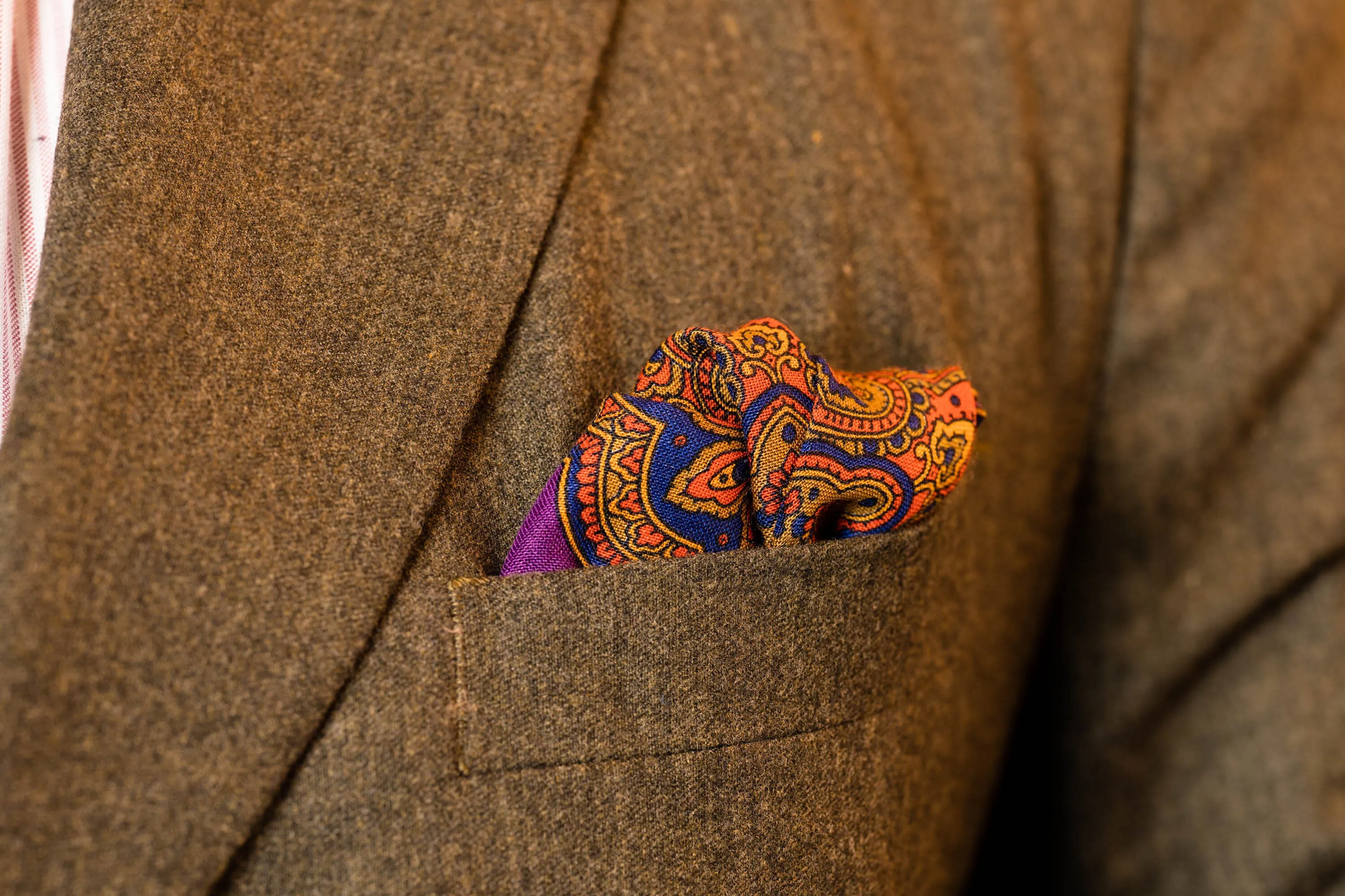 Purple & Orange Medallion Silk Wool Pocket Square