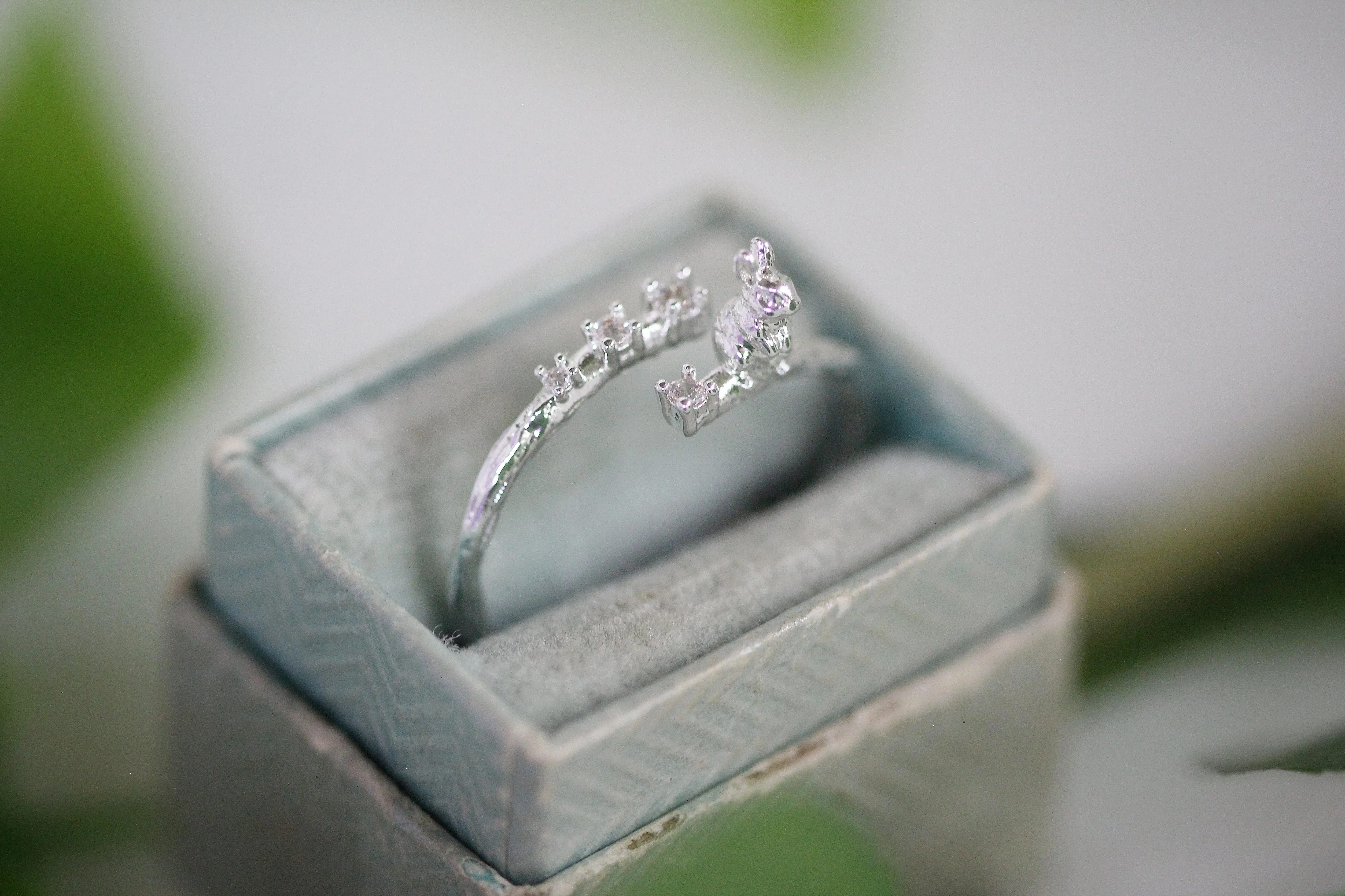 Rabbit Sitting on a Branch w/ Crystals Ring