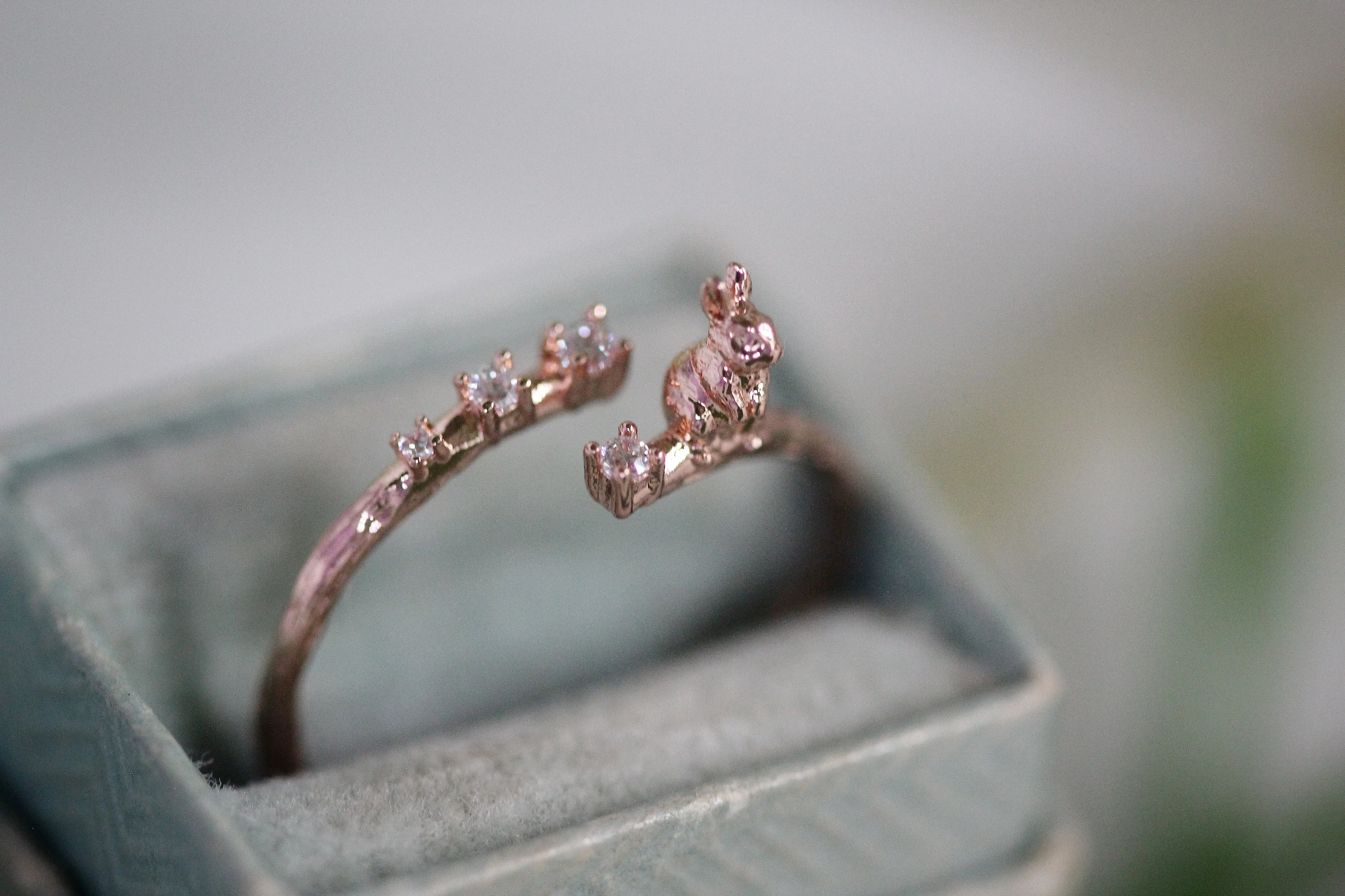 Rabbit Sitting on a Branch w/ Crystals Ring