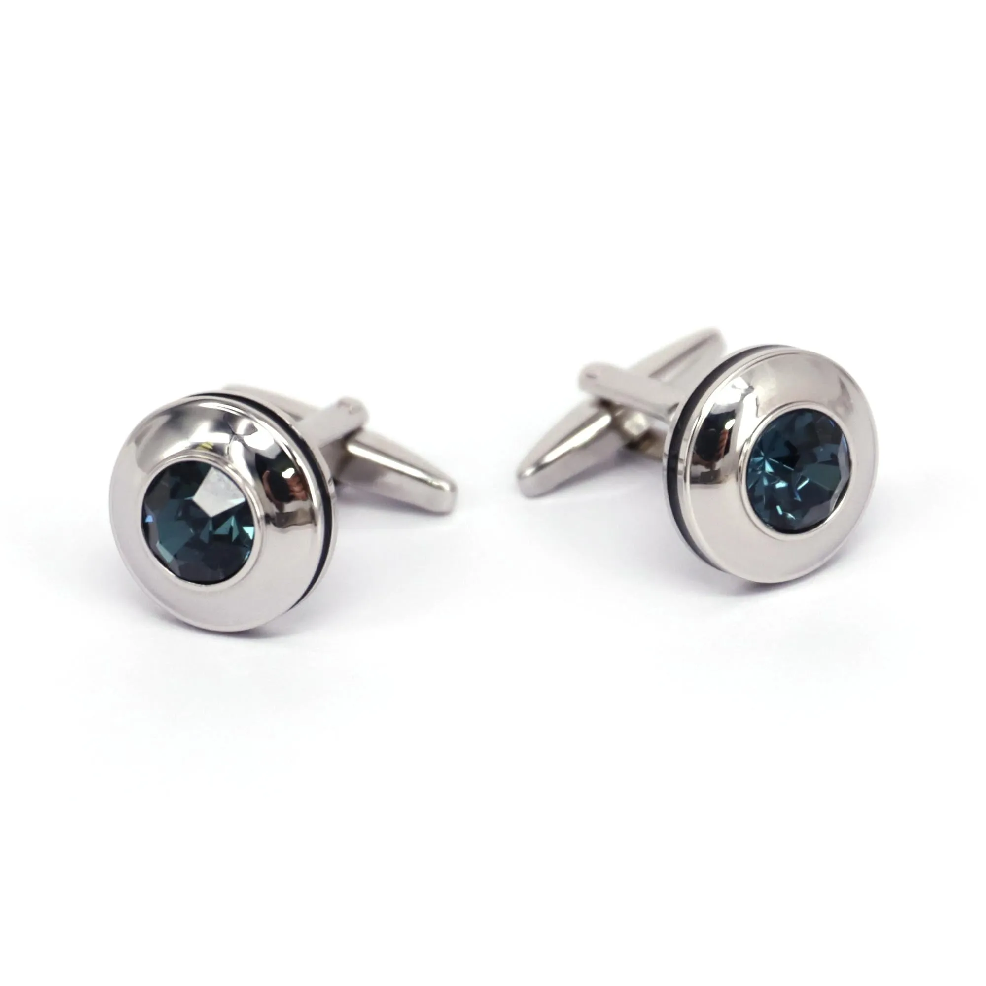 Round Silver 1 Blue diamond crystal Cufflinks  (Online Exclusive)