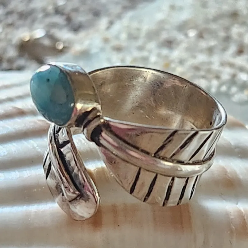 SILVER LEAVES - LARIMAR  / ADJUSTABLE RING