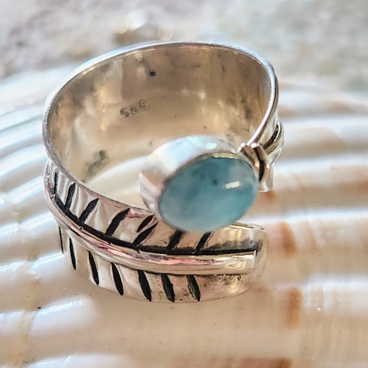 SILVER LEAVES - LARIMAR  / ADJUSTABLE RING