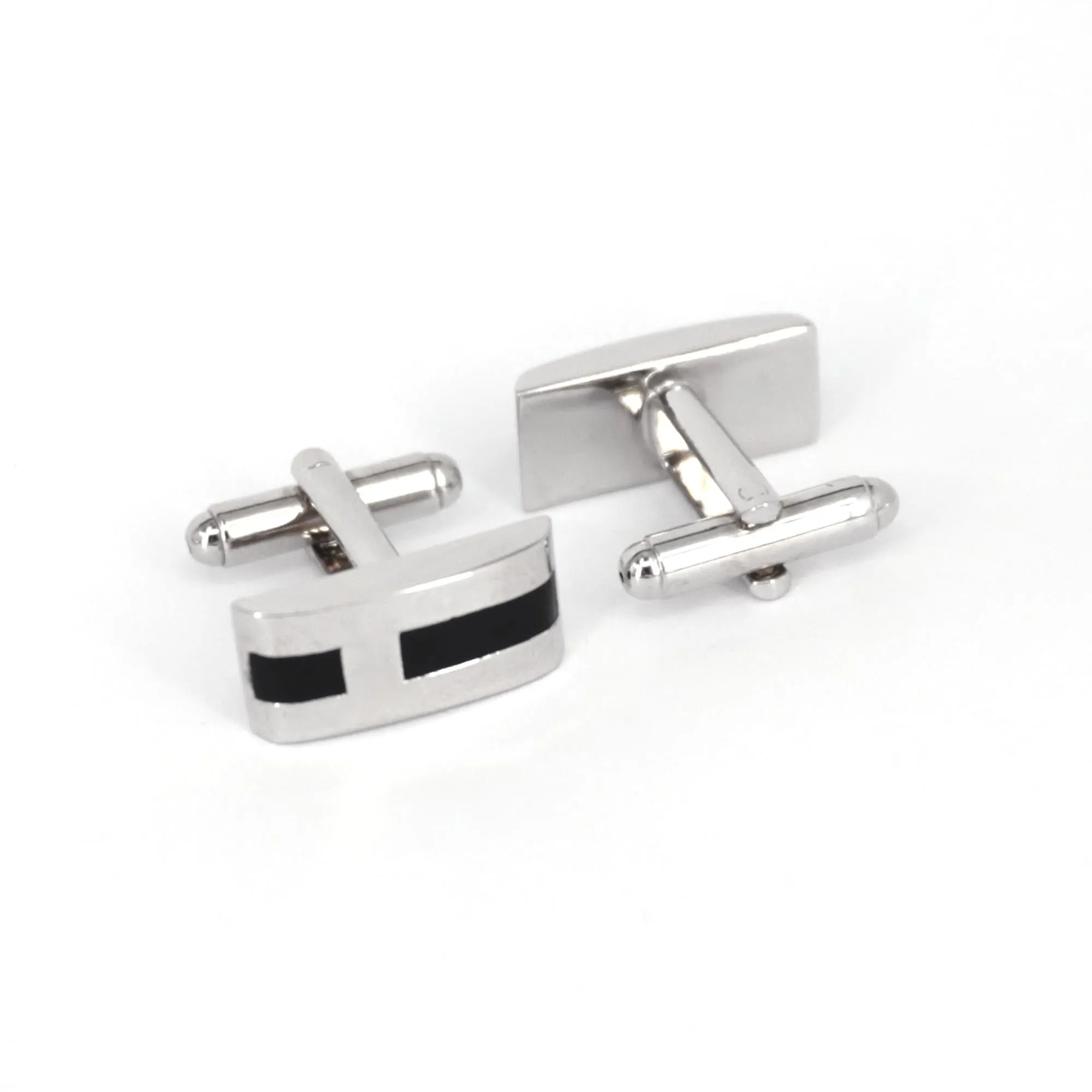 Silver Rectangle Cufflinks with Black Enamel H