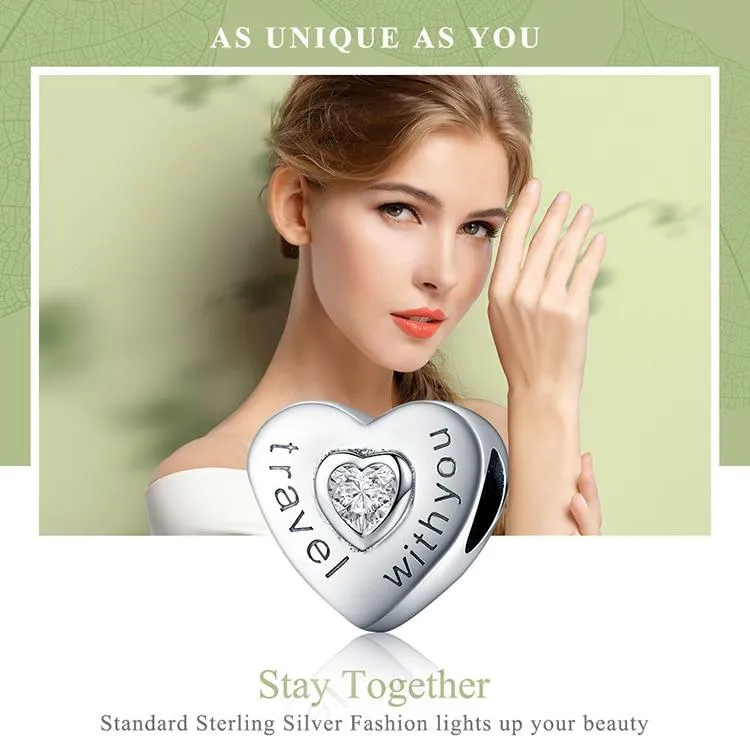 Silver Travel with You Heart Beads fit original Charm