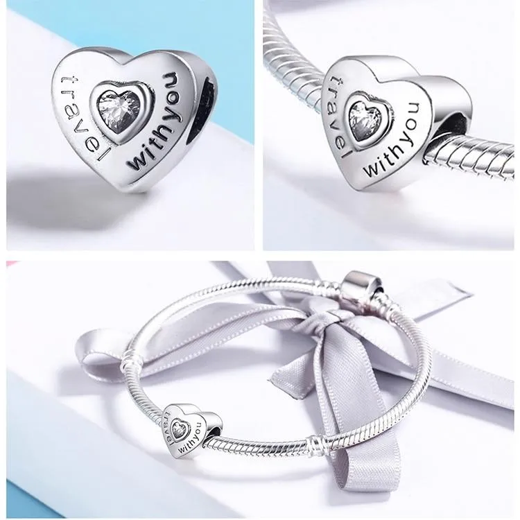 Silver Travel with You Heart Beads fit original Charm