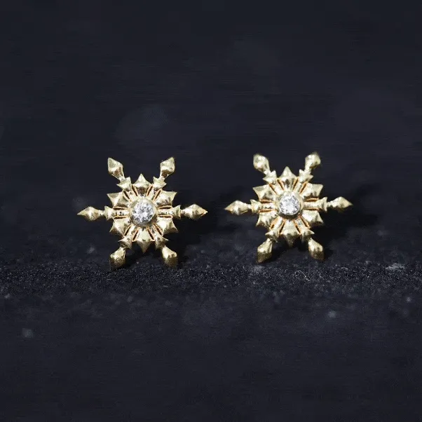 Snowflake Stud Earrings with Bezel Set Diamond