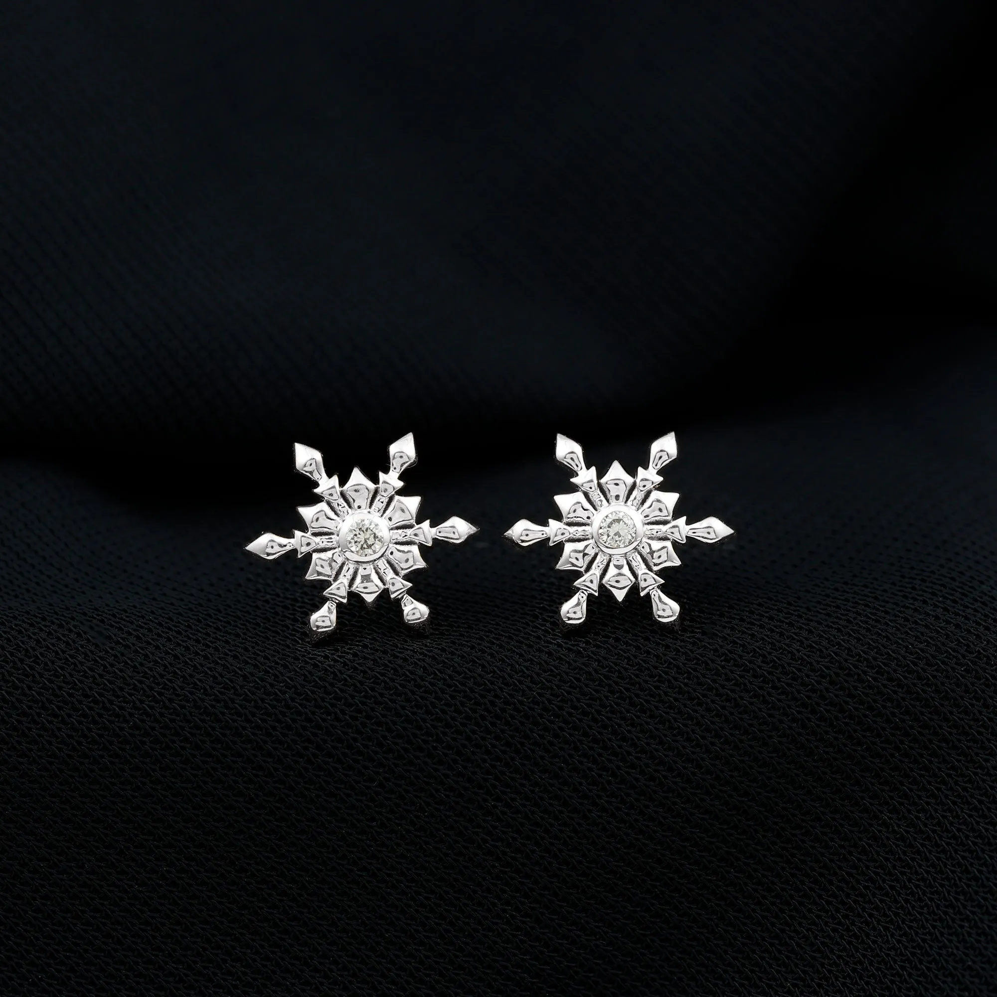 Snowflake Stud Earrings with Bezel Set Diamond